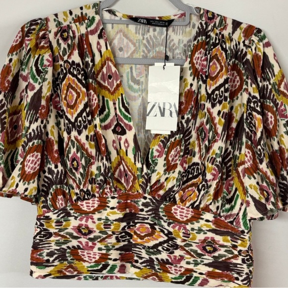 ZARA Ikat Print Puff Sleeve Crop Top - Size M NWT - Picture 8 of 12